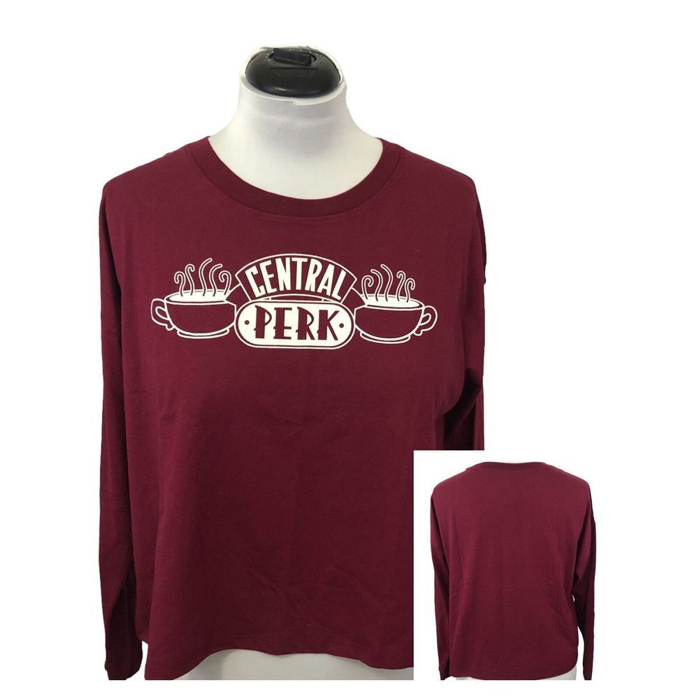 Womens SZ S Friends Central Perk Graphic Long Sleeve‎ Shirt Merlot Red NWT